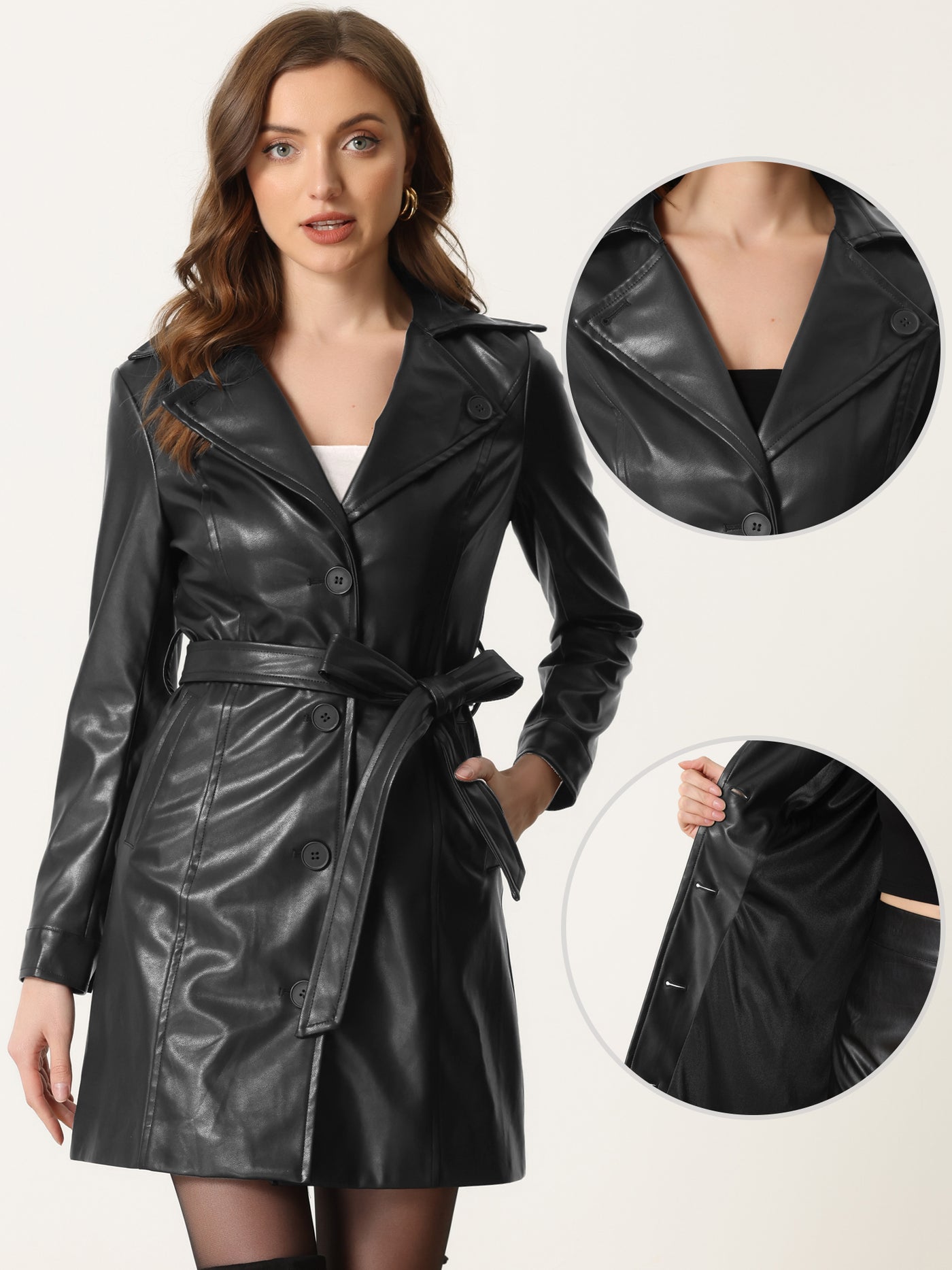 Allegra K Faux Leather Notched Lapel Collar Button Down Steampunk PU Coat
