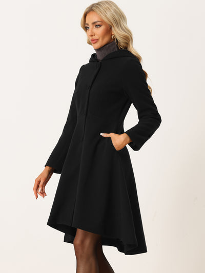 Winter Overcoat Solid Color Hooded Button Pockets Midi Long Coat