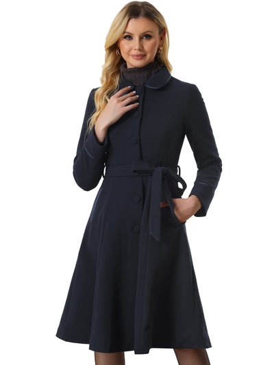 Women's Peter Pan Collar Single Breasted Belted Contrast Trim Swing Winter Coat