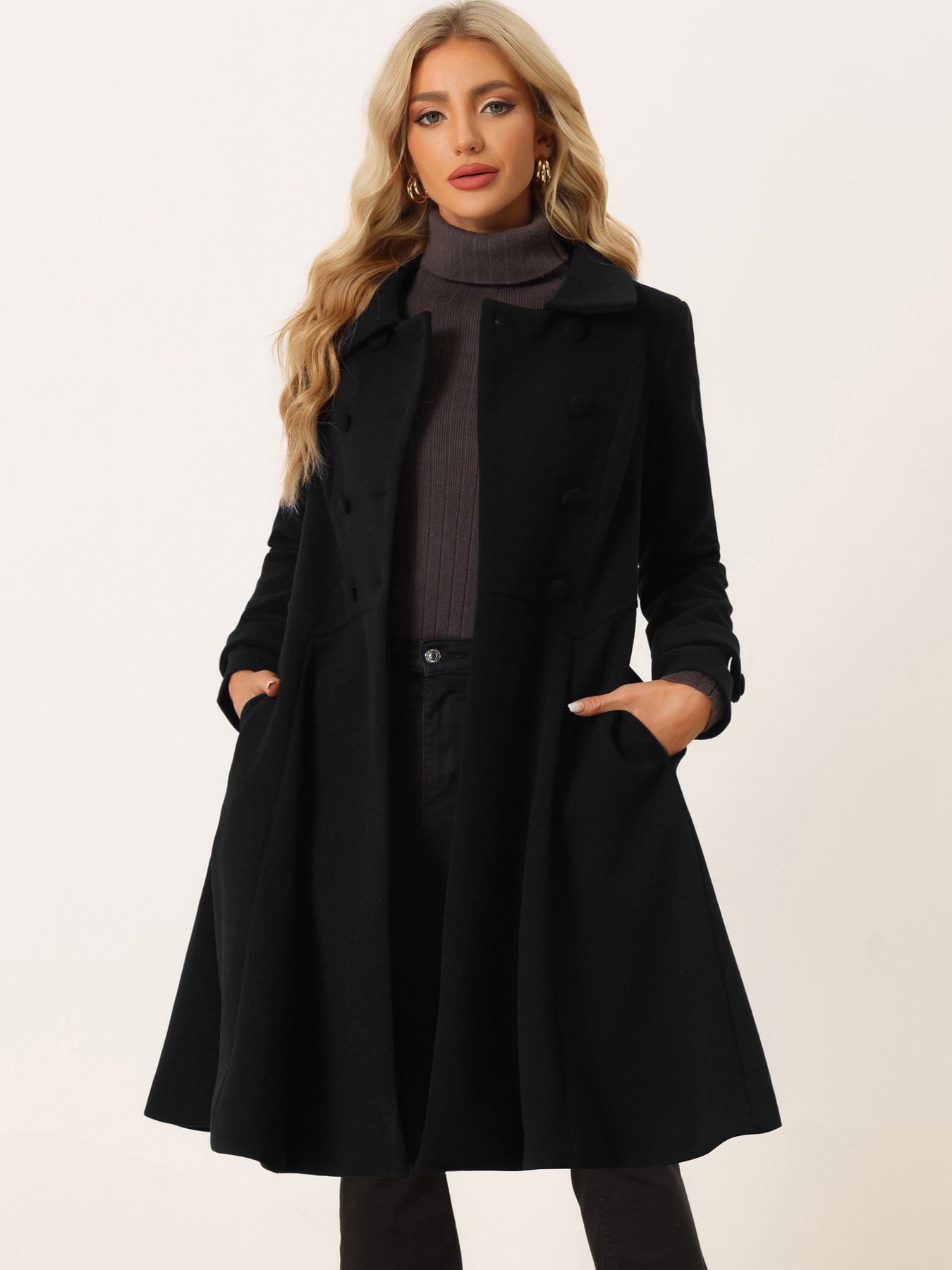 Winter Overcoat Collared A Line Double Breasted Long Coat | Allegra K