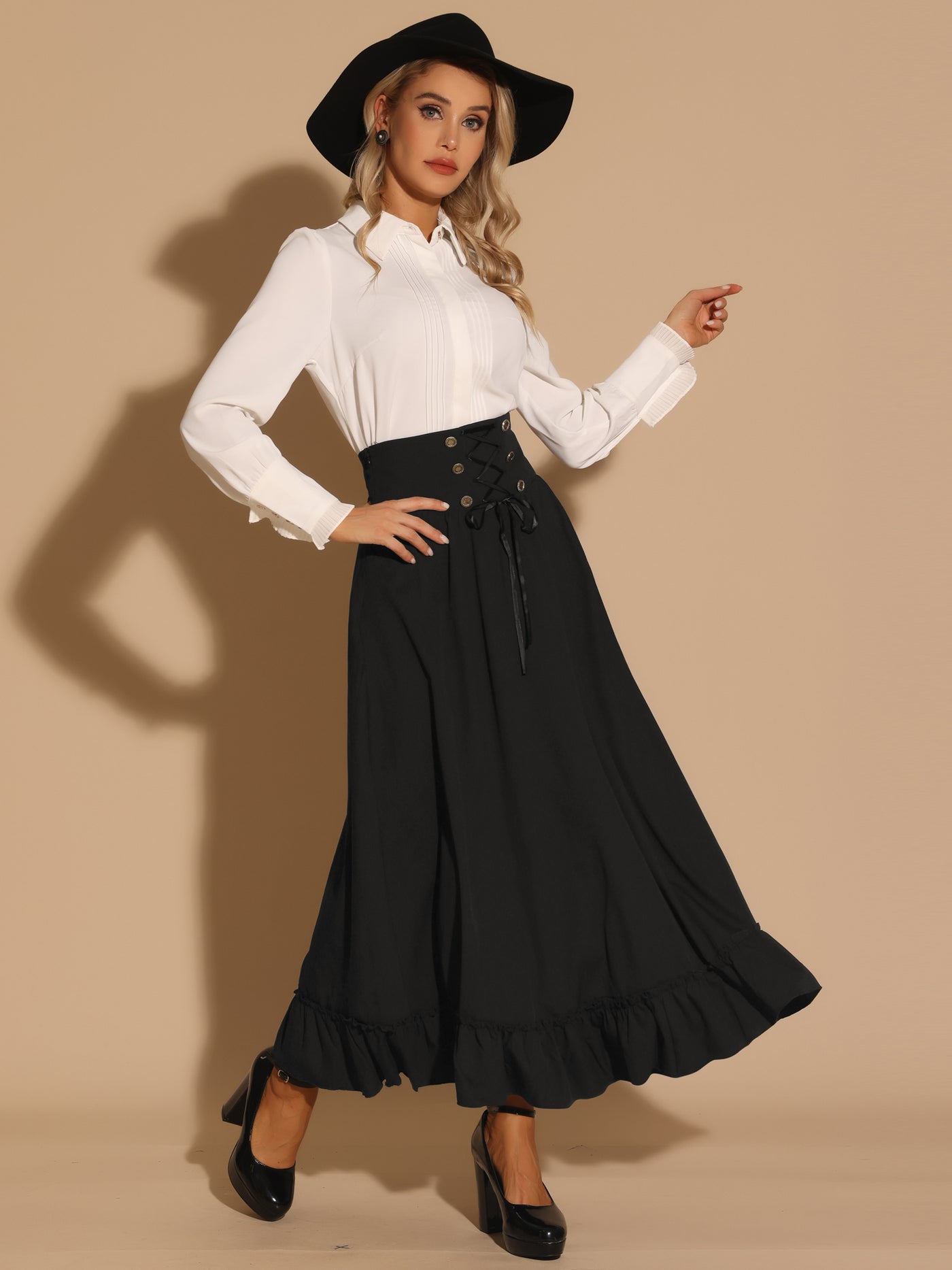 Allegra K Gothic Skirt for Women's Vintage High Waist Button Decor Lace Up Maxi Skirts