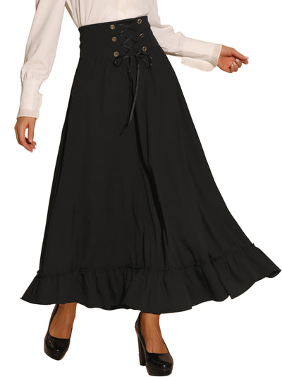 Gothic Skirt for Women's Vintage High Waist Button Decor Lace Up Maxi Skirts
