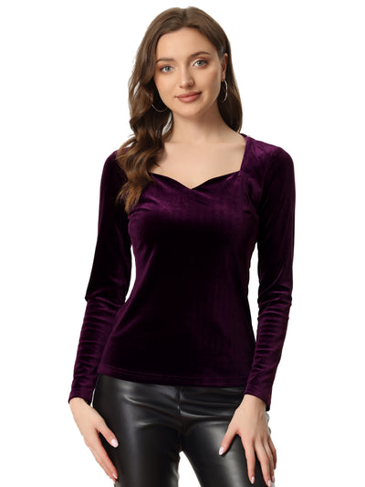 Casual Velvet Long Sleeve Solid Color Sweetheart Neck Blouse