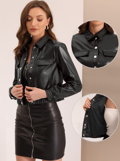 Faux Leather Long Sleeve Button Front Moto Cropped Jacket