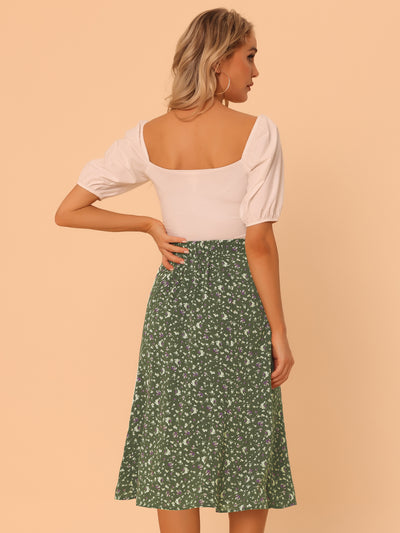 Floral Midi Peasant Elastic Waist A-Line Ditsy Leave Print Skirt