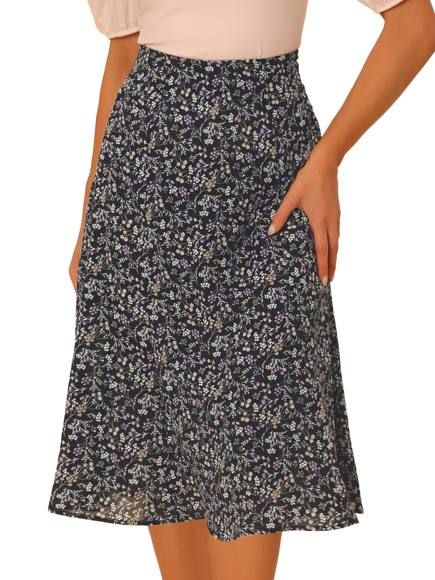 Allegra K Floral Midi Peasant Elastic Waist A-Line Ditsy Leave Print Skirt
