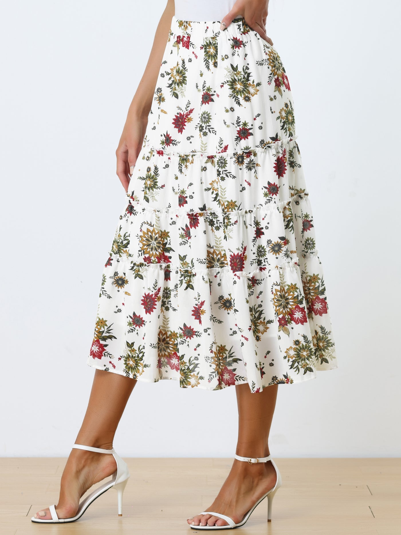 Allegra K Ruffle Boho Chiffon Floral Printed Long Tiered Midi Skirt