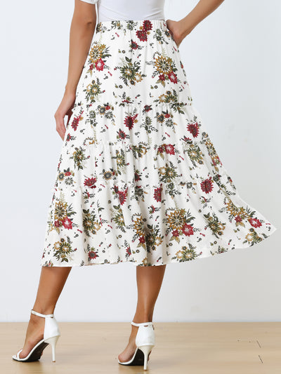 Ruffle Boho Chiffon Floral Printed Long Tiered Midi Skirt