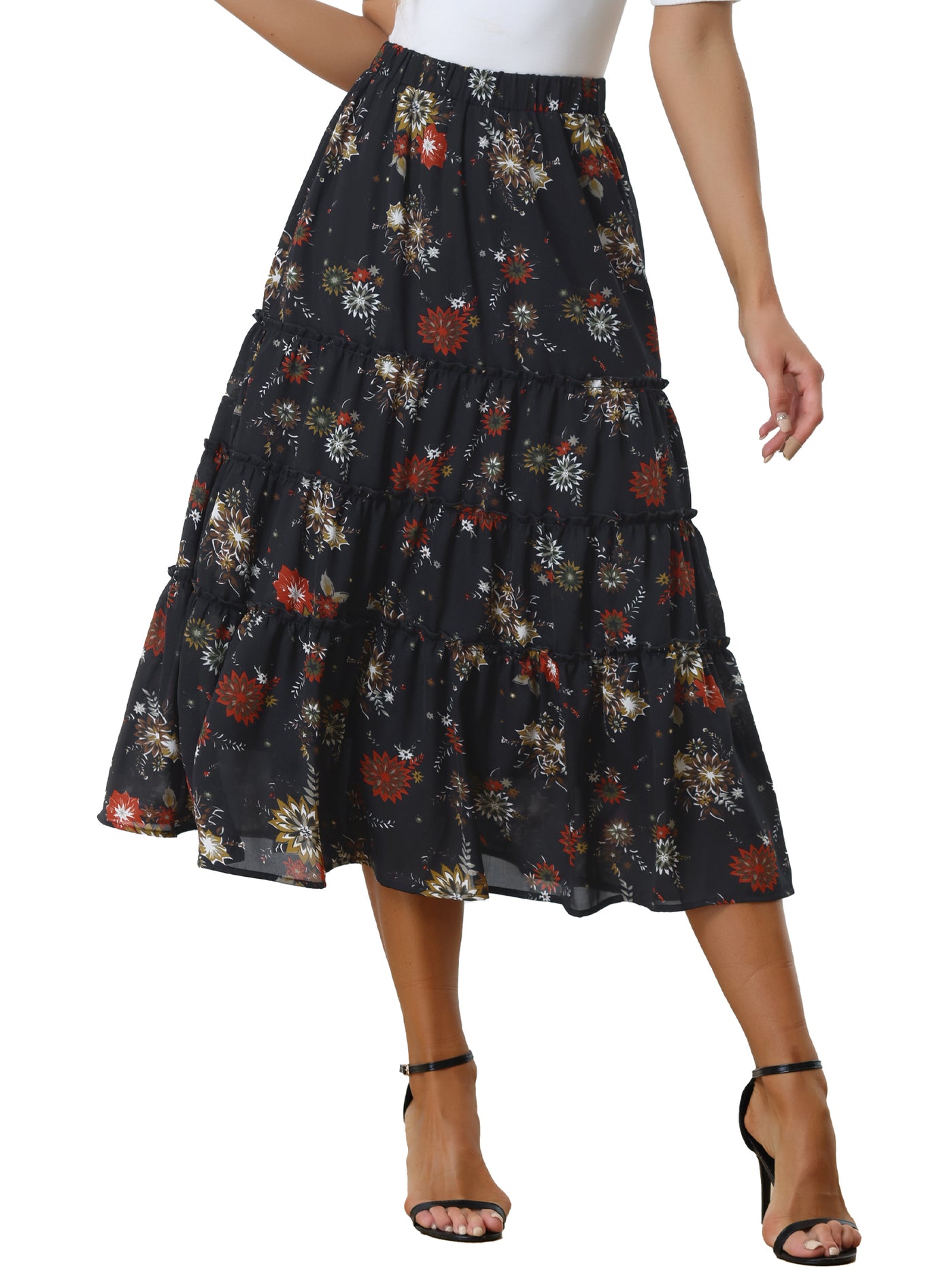 Allegra K Chiffon Floral Printed Long Tiered Ruffle Boho Midi Skirt