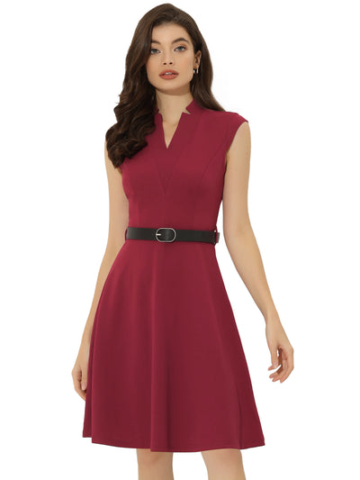 Office V Neck Work Sleeveless A-line Midi Solid Belted Dress