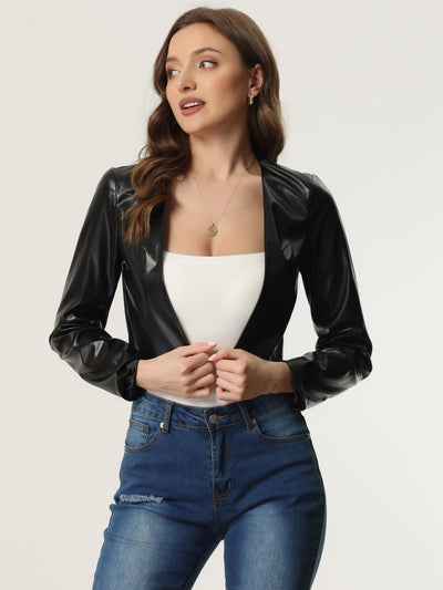 Allegra K Cropped Jacket for Faux PU Leather Long Sleeve Coat