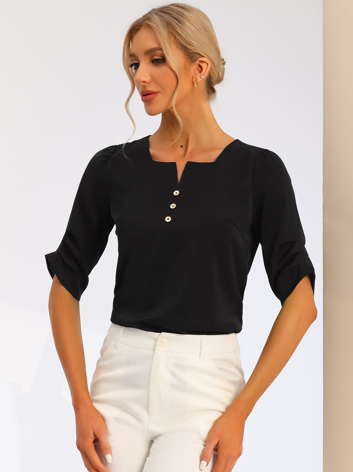Allegra K Square Neck Pleated Tops Ruched Sleeve Chiffon Office Work Blouse