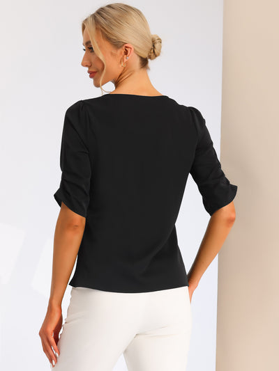 Square Neck Pleated Tops Ruched Sleeve Chiffon Office Work Blouse