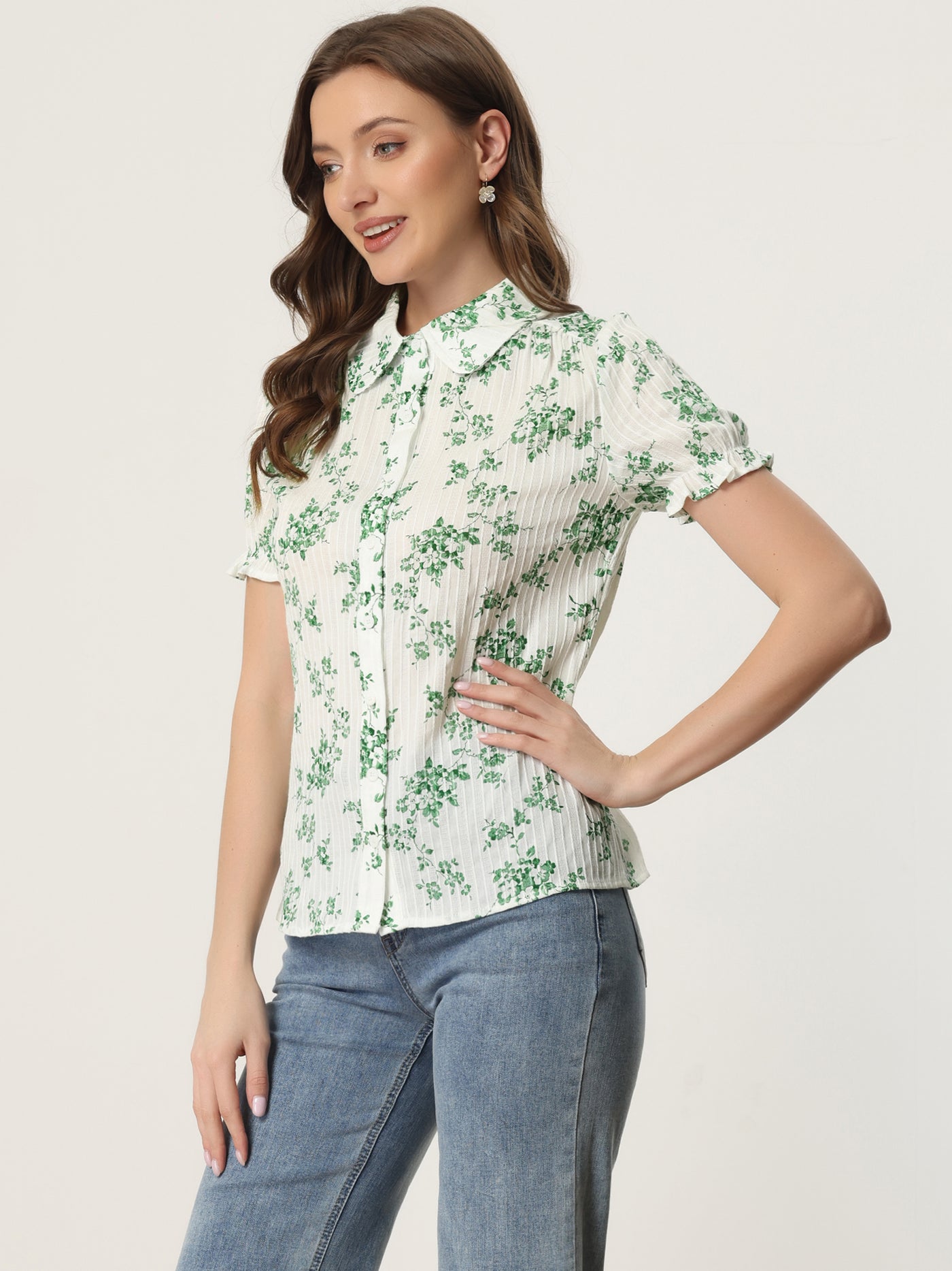 Allegra K Floral Printed Peter Pan Collar Cotton Short Sleeve Shirt