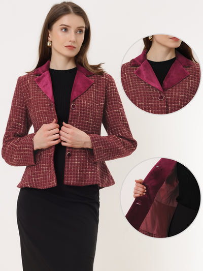 Tweed Plaid Notched Collar Long Sleeve Office Blazer