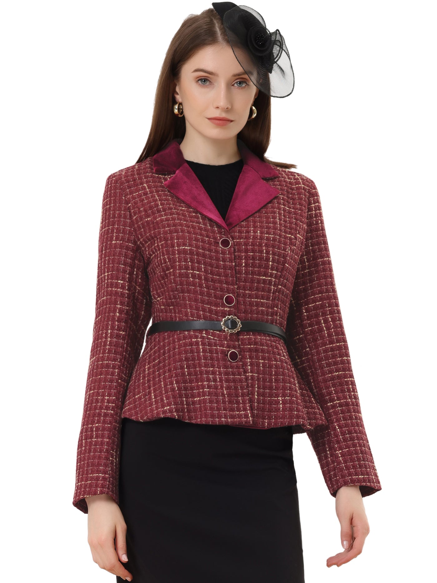Allegra K Tweed Plaid Notched Collar Long Sleeve Office Blazer