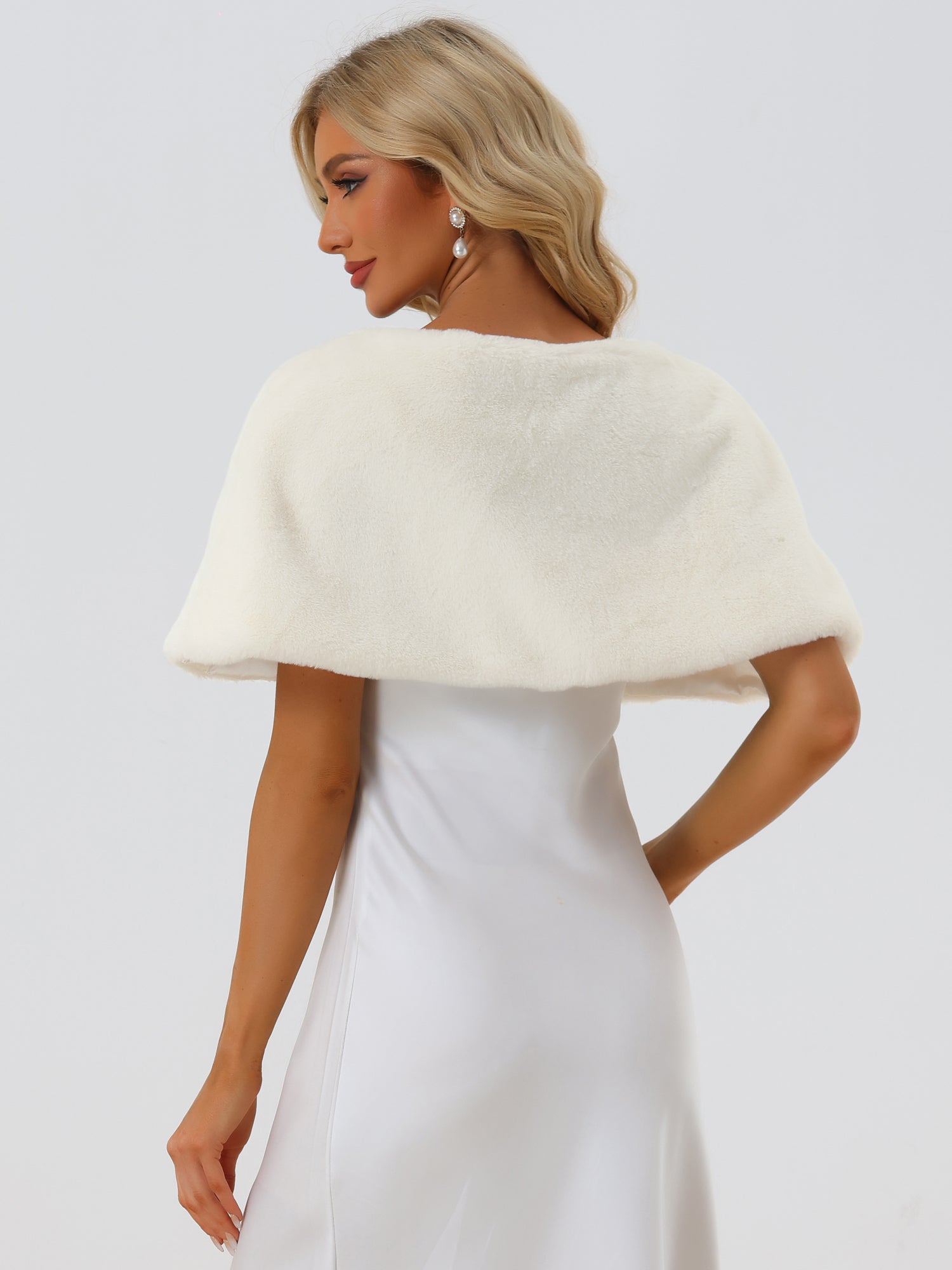 Elegant Faux Fur Shawl Bridal Wedding Party Wrap Stole Shrug, White / L