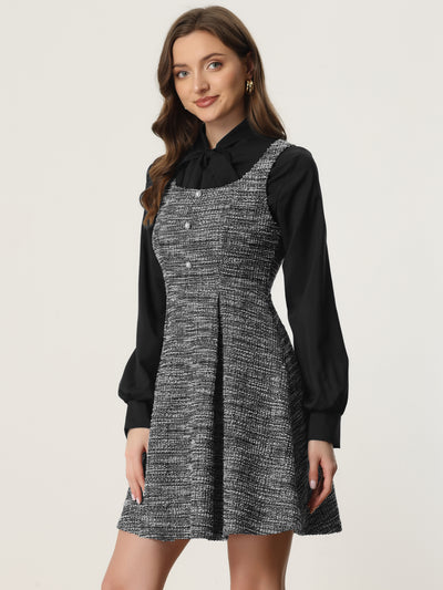Allegra K Tweed Sleeveless Square Neck Plaid Fit and Flare Dress