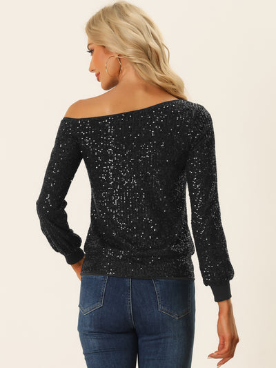 Off Shoulder Sequins Tops for Disco Party Sparkly Glitter Top