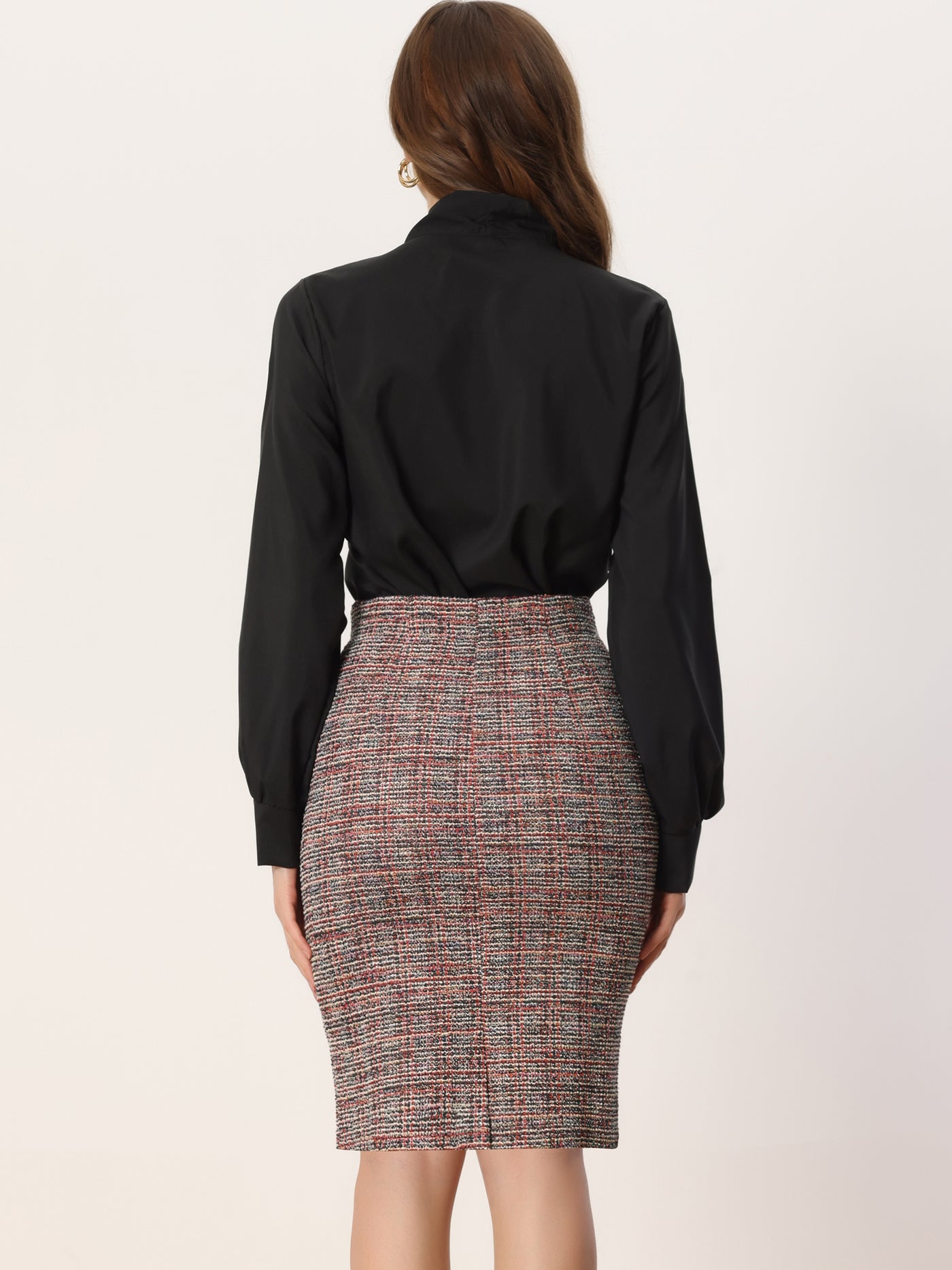 Allegra K High Waist Split Office Pencil Plaid Tweed Midi Skirt