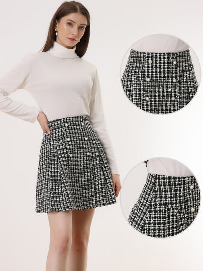 High Waist A-Line Button Front Plaid Tweed Mini Skirt