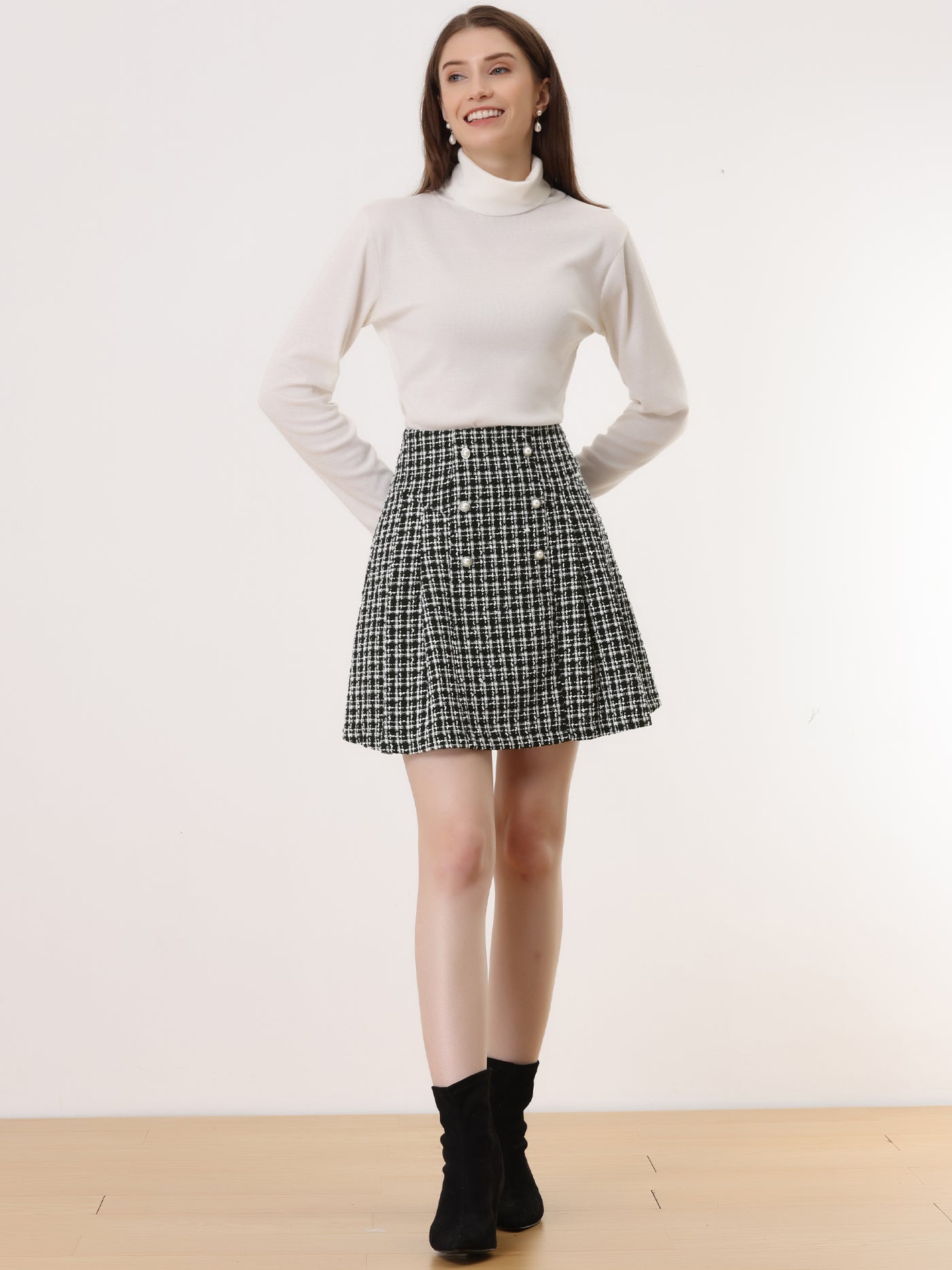 Allegra K High Waist A-Line Button Front Plaid Tweed Mini Skirt