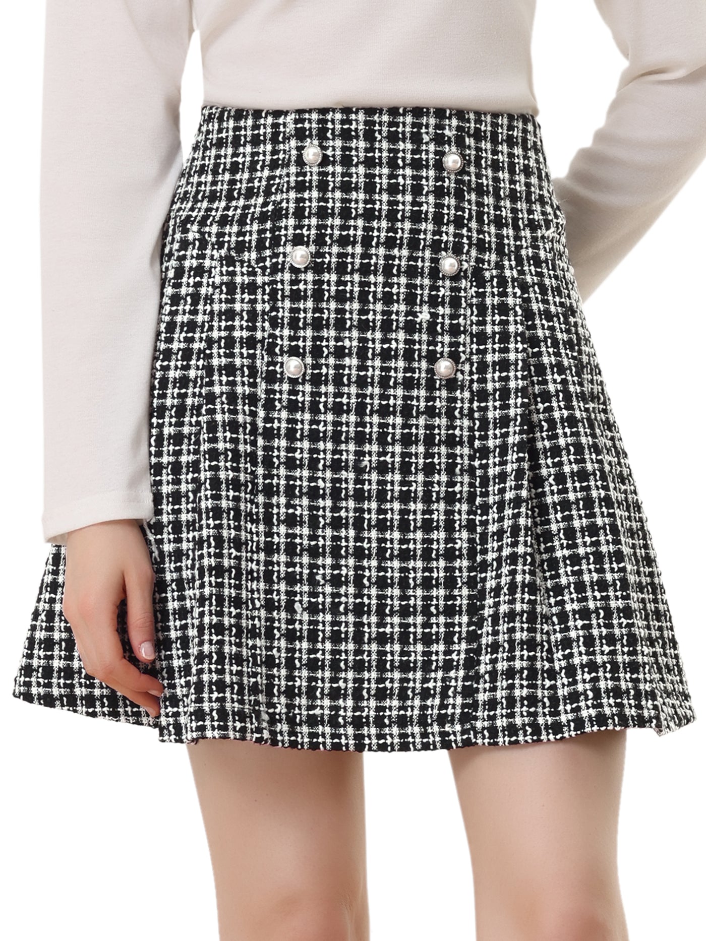 Allegra K High Waist A-Line Button Front Plaid Tweed Mini Skirt