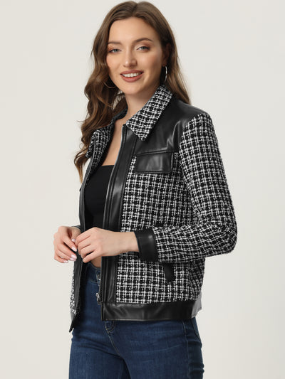 Plaid Patchwork Tweed Zipper Long Sleeve Coat Casual Jacket