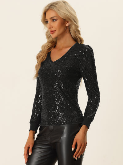 Sequin Top for V Neck Party Metallic Sparkly Blouse