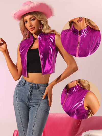 Metallic Vest for Faux Leather Zip Up Y2K Sleeveless Cropped Jacket