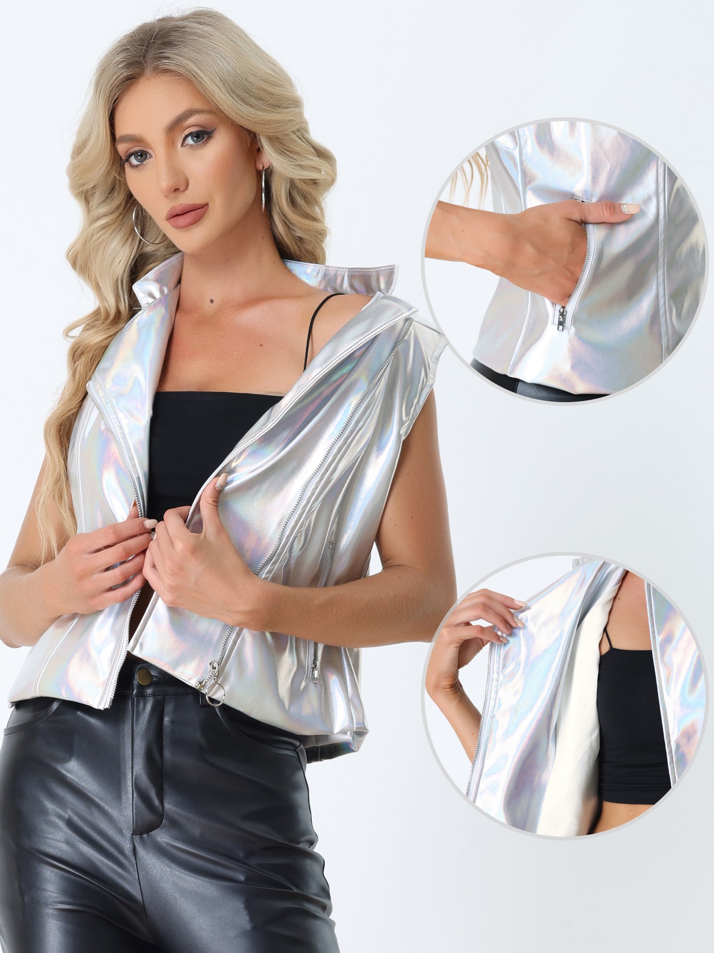 Allegra K Shiny Metal for Stand Collar Sleeveless Zipper Vest