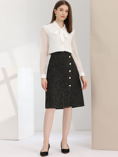 Women's Plaid Tweed High Waist Button Decor Shiny Business Elegant Midi Skirt