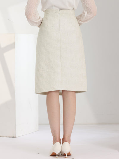 Women's Plaid Tweed High Waist Button Decor Shiny Business Elegant Midi Skirt
