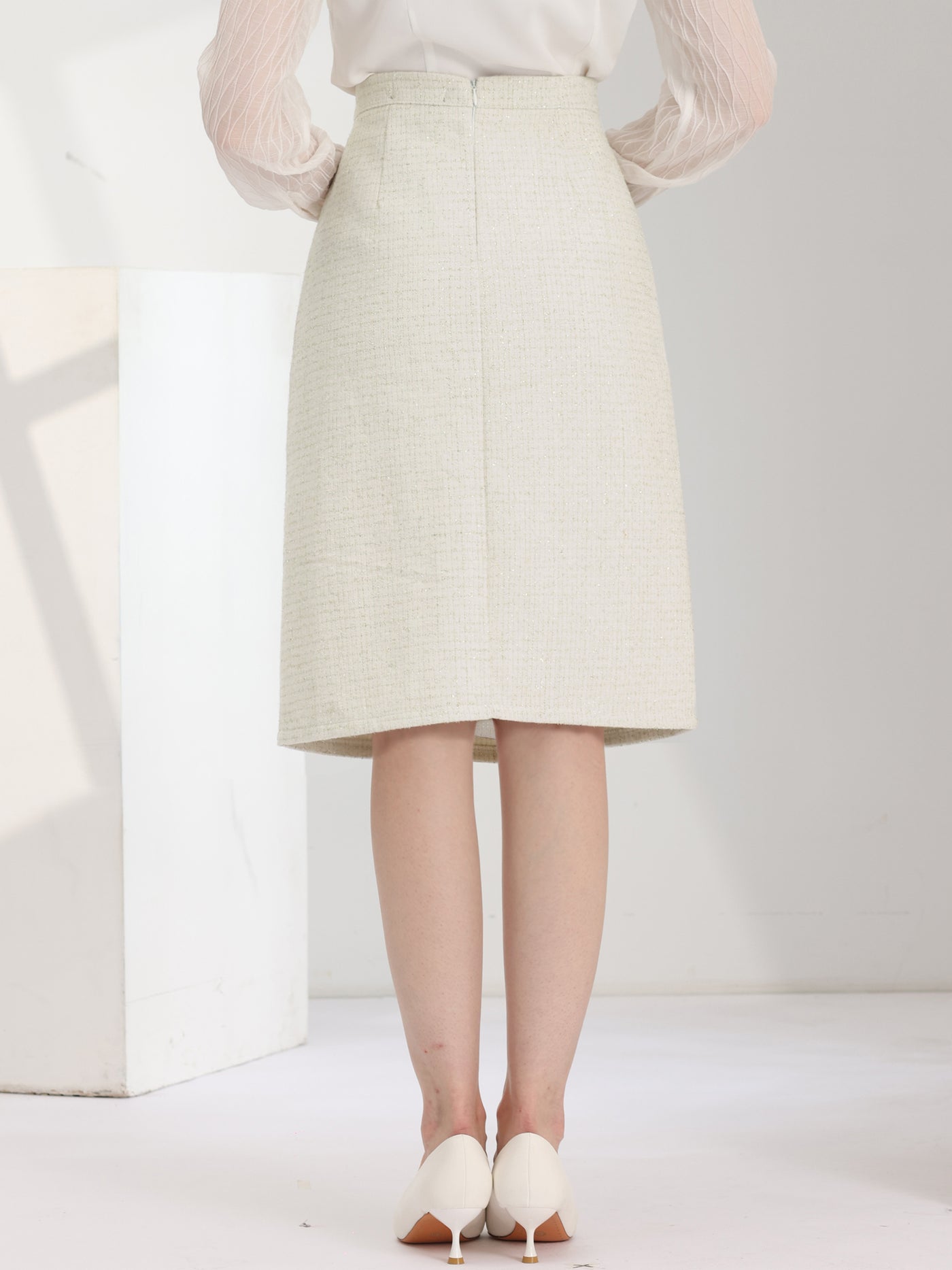 Allegra K Women's Plaid Tweed High Waist Button Decor Shiny Business Elegant Midi Skirt