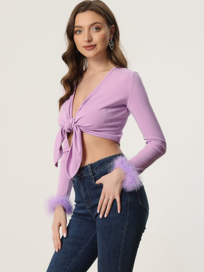 Tie Front Long Sleeve Faux Feather Cuff Open Navel Crop Top