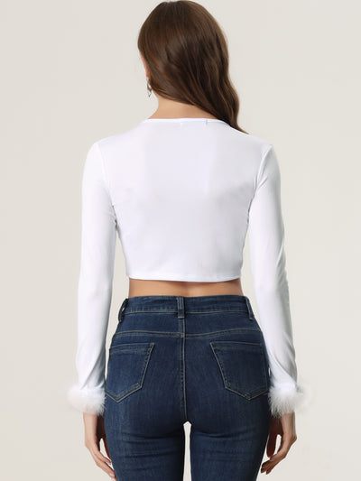 Tie Front Long Sleeve Faux Feather Cuff Open Navel Crop Top