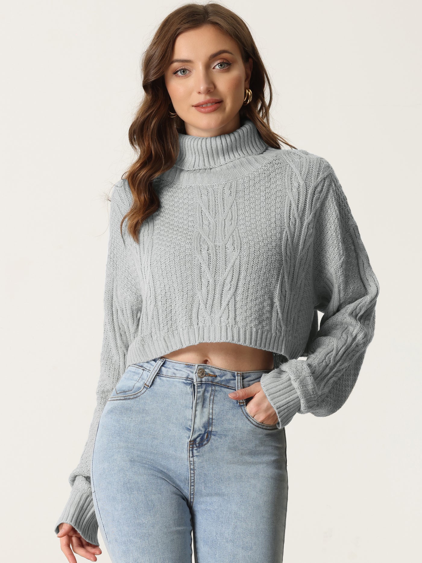 Allegra K Turtle Neck Long Sleeve Knitted Pullover Sweater Cropped Tops