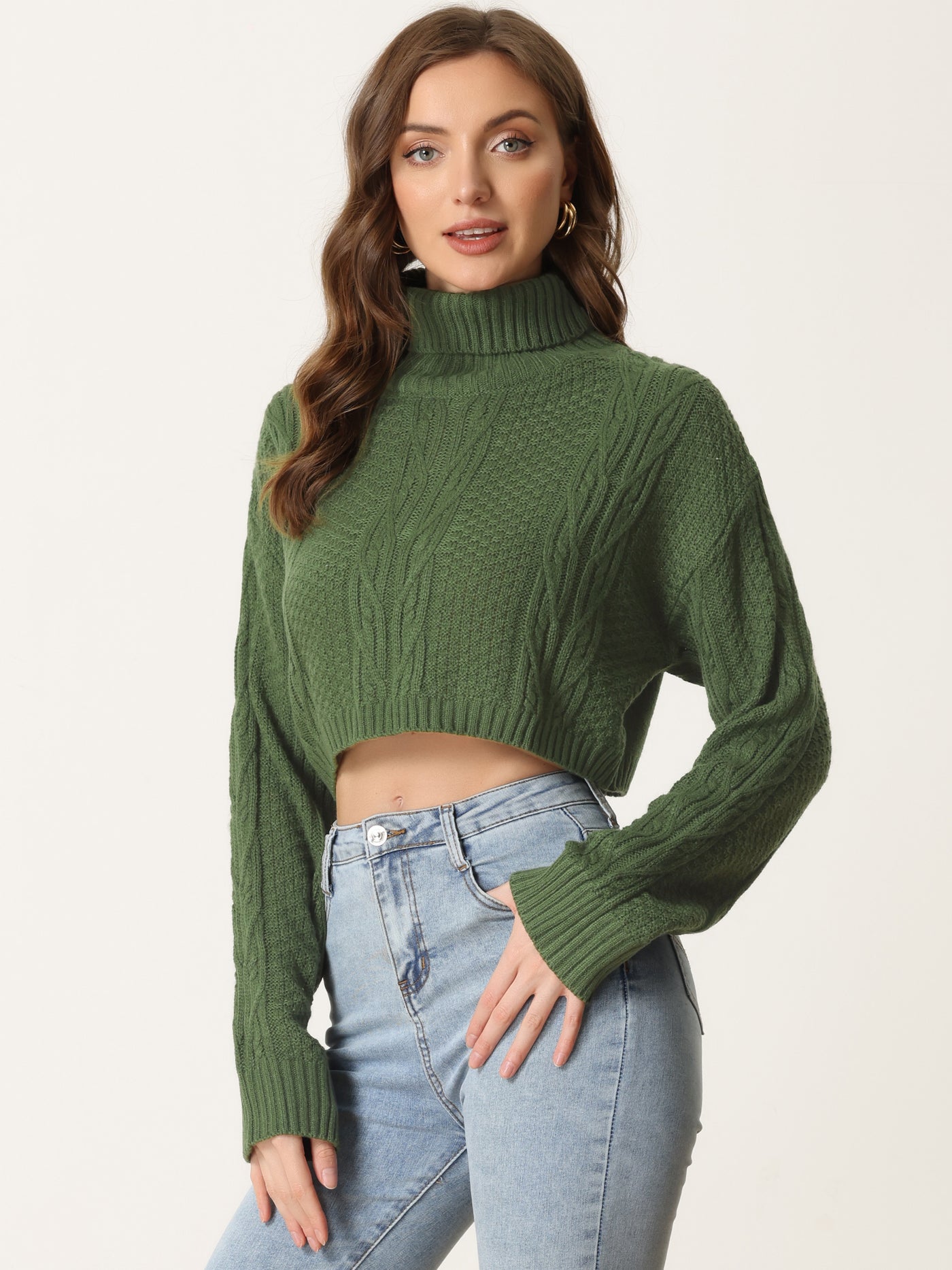 Allegra K Turtle Neck Long Sleeve Knitted Pullover Sweater Cropped Tops