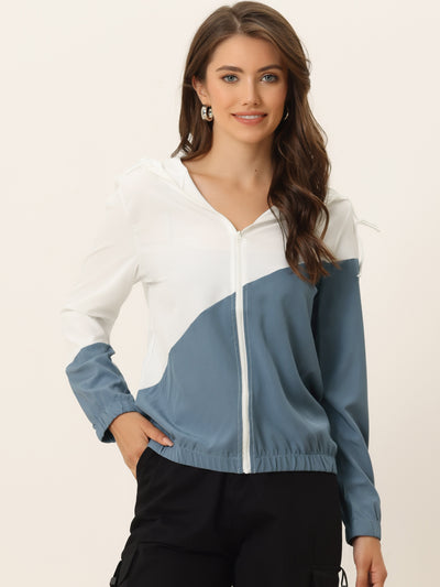 Allegra K Color Block Drawstring Hem Long Sleeve Sport Hooded Zip Jacket