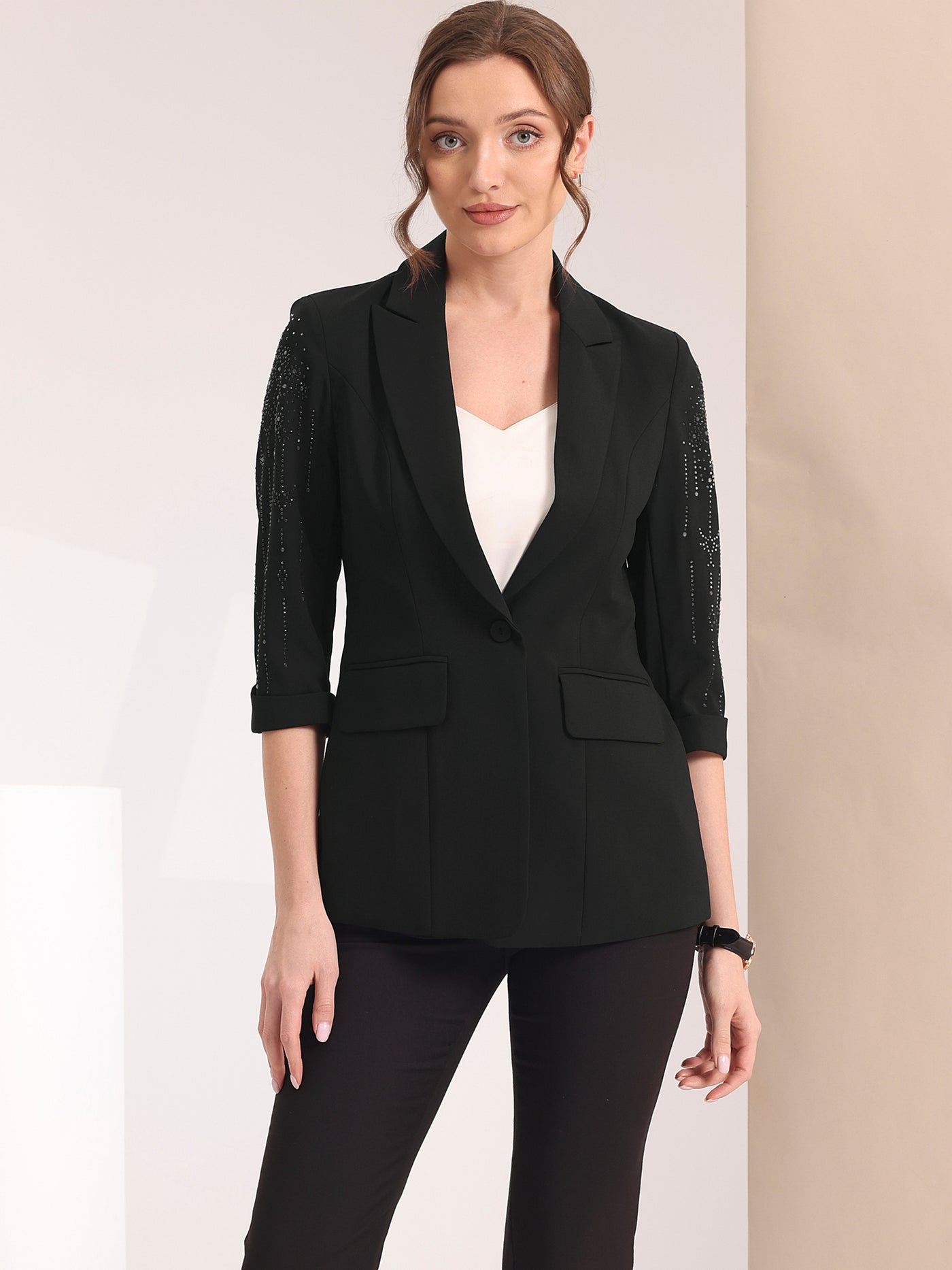 Allegra K Notched Lapel 3/4 Sleeve Formal Suit Blazer Jacket