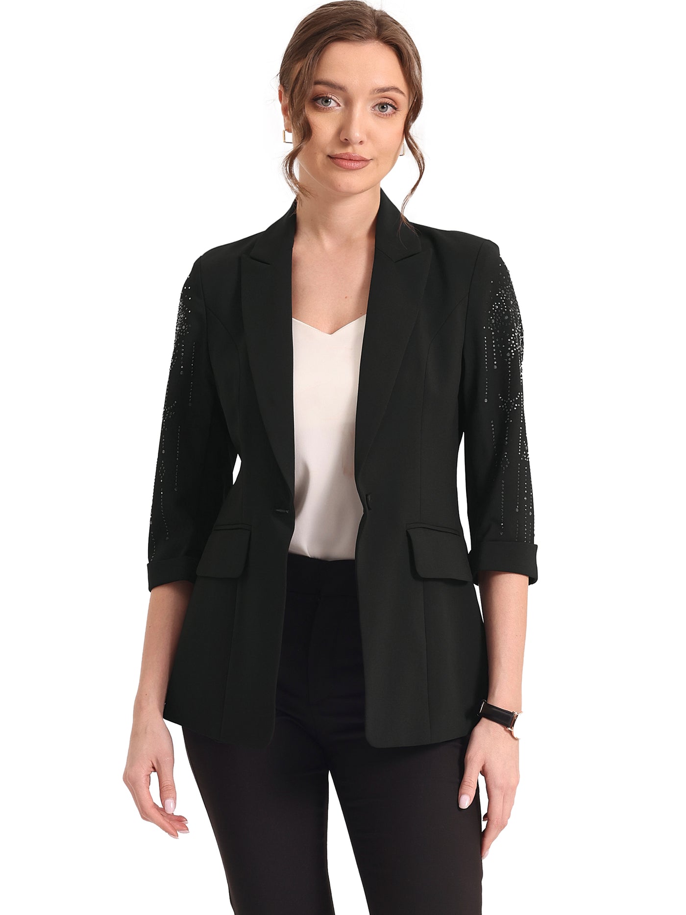 Allegra K Notched Lapel 3/4 Sleeve Formal Suit Blazer Jacket