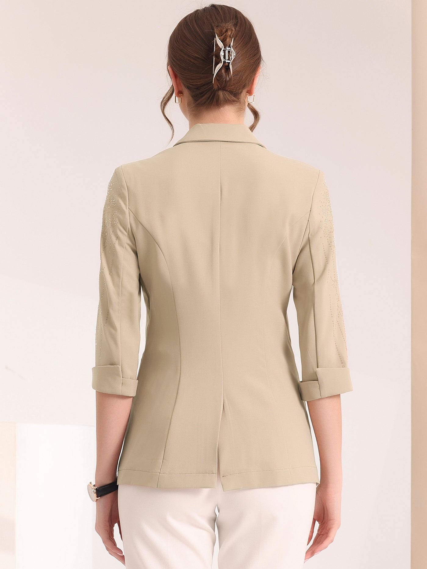 Allegra K Notched Lapel 3/4 Sleeve Formal Suit Blazer Cardigan Jacket