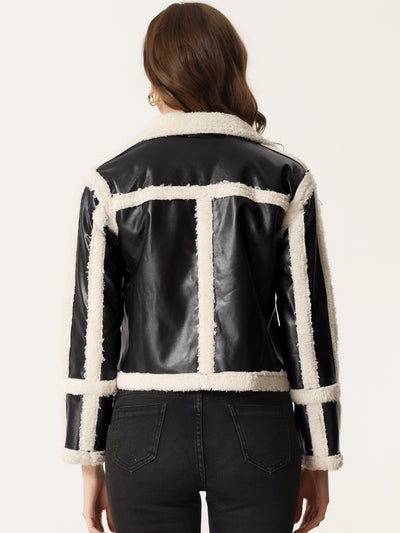 Faux Fur Paneled PU Leather Thick Parka Jacket Warm Winter Coat