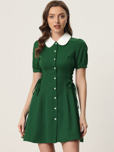Vintage Peter Pan Collar Lace Up Button Down Dress