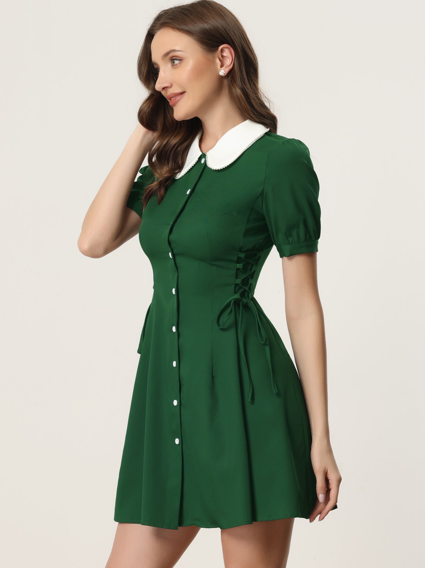Allegra K Vintage Peter Pan Collar Lace Up Button Down Dress