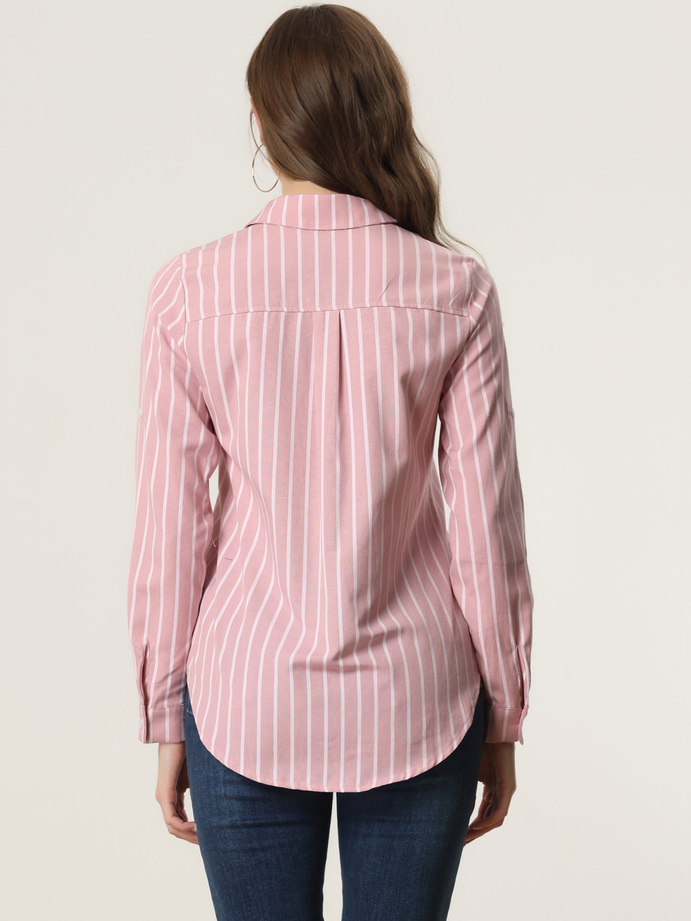 Allegra K Striped Button Down Roll-up Long Sleeve Point Collar Shirt