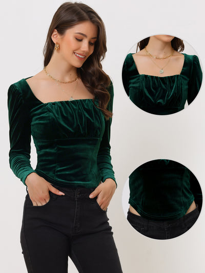 Velvet Cropped Long Sleeve Party Square Neck Top Blouse