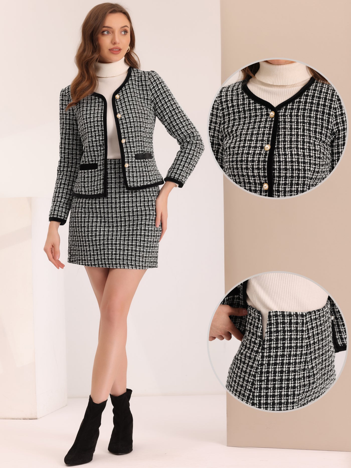Allegra K 2 Piece Outfits Plaid Tweed Short Blazer Jacket Skirt Suit Set