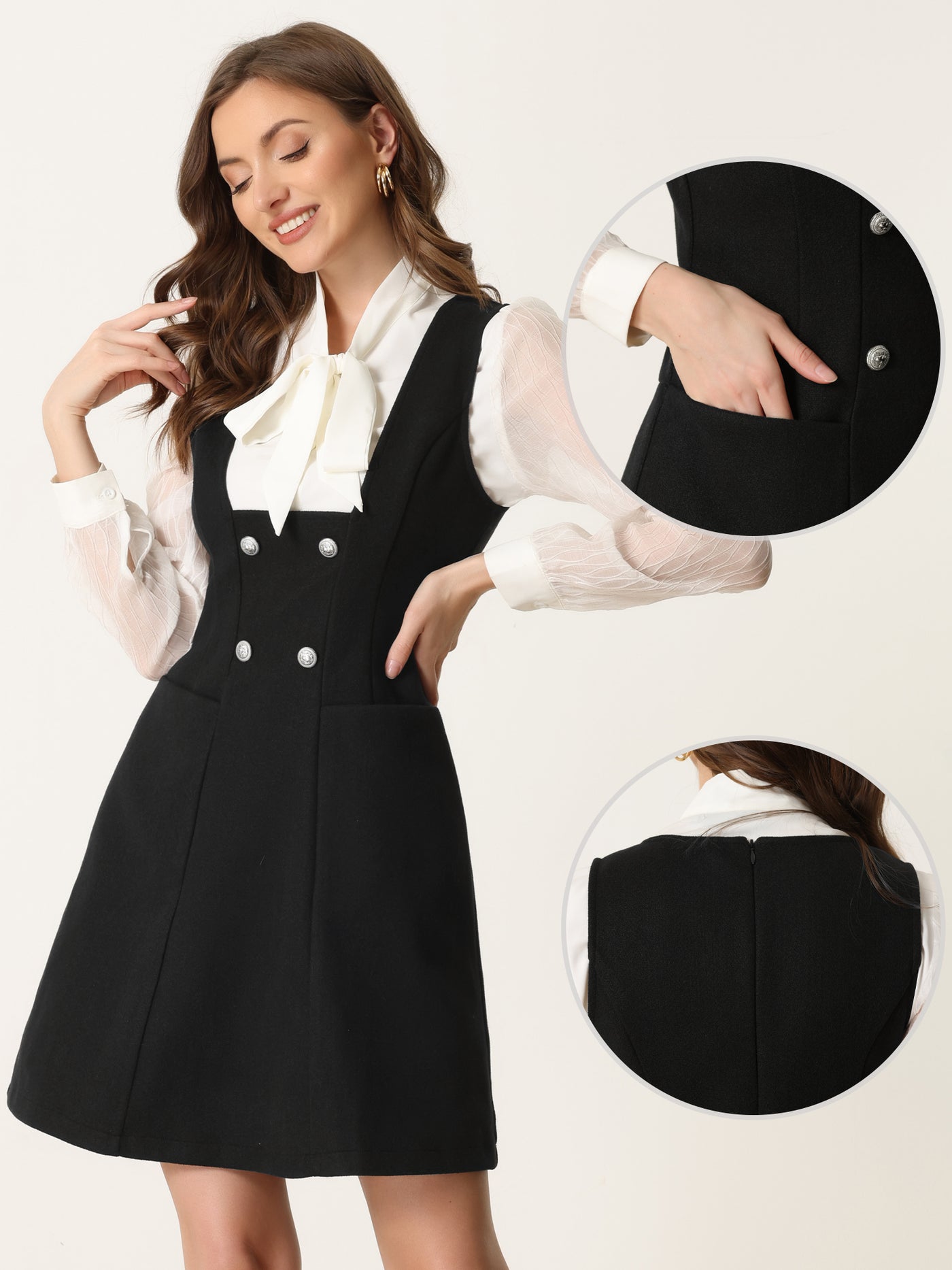 Allegra K Pinafore A-Line Double Breasted Overall Suspender Dress
