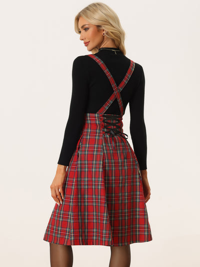 Plaid Overall Tartan Pinafore Suspender Midi Skirt